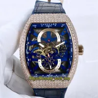 Luxry New Saratoge Vanguard S6 Yachting V45 S6 Yacht Blue Skeleton Dial Miyota Automatic Mens Watch Rose Gold Diamond ￉tui en cuir217T