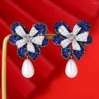 Dangle Earrings JIMBORA Luxury Charm Bow Pearls Pendant For Women Wedding Cubic Zircon CZ Daily Party 2022