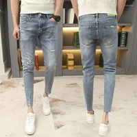 سروال الرجال الأزياء الكورية جينز جينز ممزق الثقوب رجل قدم الكاحل طول العلامة التجارية المراهق بانت للرجال