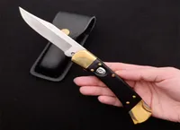 Classic 110 AUTO Tactical Folding Knife 440C Satin Blade Ebony with Brass Head Handle EDC Pocket Knives With Leather Sheath3876352