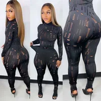 Retail Designer Plus Size 3XL Women Tracksuits Two Piece Pants Set Slim Hollow Hole Tights Leisure Sports Suit Long Sleeve Leggings Outfits