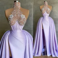 Lilac lavender High Neck Prom Dresses Beaded Ruffles Overskirt Satin Crystal High Split Evening Gown Formal Occasion Wear