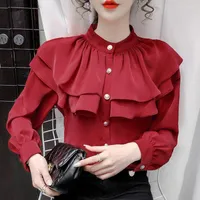 Blouses pour femmes Blouse Rouge Stand-Up Collar mousseline 2022 à manches longues Ruffle Top Blusas Mujer de Moda