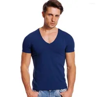 Herrenanzüge Nr. 2-7085 Festes V-Hals-T-Shirt für Männer niedrig geschnittene Stretch Vee Top Tees Schlanke Passform kurzärmelige Mode männlich T-Shirt unsichtbar