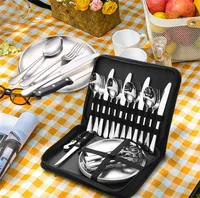 Portabel campingbordsartiklar Set servis upps￤ttningar rostfritt st￥l picknick bestick stek knivupps￤ttning tygplatta kit