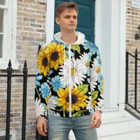 Erkek Hoodies Sarı Ayçiçeği Sanat Renkli Çiçek Baskı Kış Polyester Hoodie Moda Zip Erkekler Artı Boyut 5xl