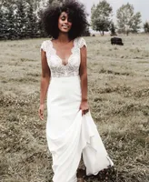Свадебное платье Boho V-образное зеркает мягкий шифон и кружево-богемные свадебные платья с коротким рукавом по полу пляж Пляж простой белый элегантный