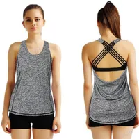 Tee-shirt de yoga gris f￩minin gris Sexy ￠ lani￨re CRISSCROSS SPORTS FITNESS Shirts Dry Fit Biking Running Burnout Tank Top Blouse2437