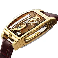 Pols horloge transparant automatisch mechanisch horloge mannen steampunk skelet luxe uitrusting zelf kronkelende lederen herenklok Watche232s