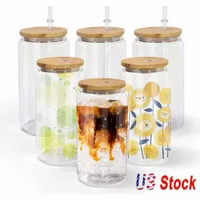 Stock de EE. UU. 16 oz Sublimaci￳n Tumblers en blanco Tazas de cerveza de vidrio CON CUENES Formas de refrescos Bottles de gafas de jugo Mason Jugo con tapa de bamb￺ y paja reutilizable BB1105