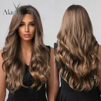 Synthetic Wigs ALAN EATON Chestnut Brown Long Water Wave Wig Female Synthetic Hair Wigs for Black Women Medium Brown Cosplay Wigs Costumes T221103