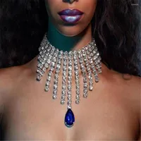 Choker Rhinestone Long Tassel Big Blue Gemstone Pendant Necklace Dinner Jewelry For Women Crystal Collar Accessories