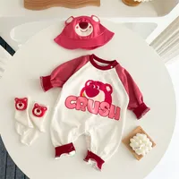 INS Baby girls triangle Red berries bear romper kids cartoon long sleeve jumpsuits with hats designer infant cotton climb clothes A9273