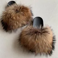 COOLSA Women's Fox Fur Slippers Indoor Flat Warm Furry Slippers Outside Girls Plush Sandals Women Slides Flip Flops Big Size 11 Y2188R