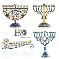 H&D Hand Painted Enamel Floral Hanukkah Menorah Candlestick 9 Branch Candelabra Embellished with Crystals Star of David Hamsa299k