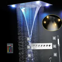 M￡s conjunto de ducha completa 6 funciones Sistema de ba￱o lujoso Gran cascada dual lluvia neblina de techo oculto masaje de cabezal de ducha termos289i