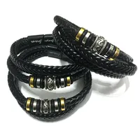 Pulseira de couro com fecho magn￩tico Black Multilayer Leather Braed Bracelets de embrulho para joias de moda de homens