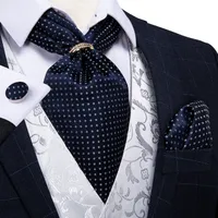 Neck Tie Set Design Men Silk Cravat Navy Dot Formal Ascot Tie Handkerchief Set With Ring Wedding Formal Self Tie Necktie DiBanGu 221105