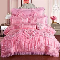 الوردي الدانتيل الأميرة زفاف الفراش الفاخرة كينغ كوين حجم الحرير القطن وصمة عار سرير مجموعة لحاف غطاء السرير وسادة t200326291i