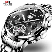 TEVISE Mens Automatic Watches Luxury Stainless steel Tourbillon Moon phase Mechanical Wristwatch Male gifts Relogio Masculino219r