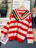 Women's Sweaters Striped Mohair Autumn Winter Knitted Loose Pullover Tops Puff Sleeve V Neck Women Overszied Sweater Y2k Lq songyi LQ16 221105