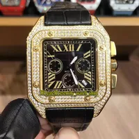 Nieuwe luxe 45 mm WGSA0017 W2SA0008 Zwarte wijzerplaat Japan Vk Quartz Chronograph Movement Mens Watch Gold Diamonds Case Leather Strap Spor258F
