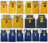 كرة السلة الكلية ترتدي رجال NCAA Michigan Wolverines كرة السلة الفانيلة Vintage 4 Chris Webber 5 Jalen Rose 25 Juwan Howard 2 Jodan Poole Jersey Blue Yellow