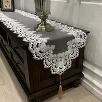 Table Runner Oval Lace Fabric Table Runner Long Dust Cover Embroidered Pendant Tassel for TV Cabinet Dining Table Wedding Party Decoration 221105