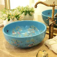 Ceramic wash basins counter top sink bathroom round sinks Fashion wash basin Sink art ceramic wash basin flower and bird blue260A