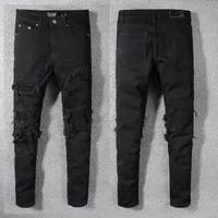 designer jeans New high street fashion brand black amirs wrinkled hole patching elastic Slim Skinny Jeans Men