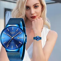 Lige feminino assiste a marca de luxo de luxo quartzo analógico assistir mulheres malha azul completa aço inoxidável date relógio de moda