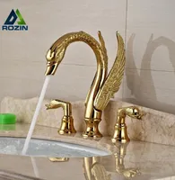 Soild Copper Gold Finish Bathroom Faucet Luxury Golden Swan Shape Basin Tap Dual Handle Deck Mount7011912