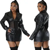 Robes en cuir PU noir Femme Designer Mesh Bailled Short Mini Dress Club Party Wear Ship GRATUIT