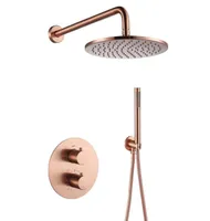 Brass Rose Gold Shower Faucets 10quot Rainfall Head Bathroom Shower System Diverter 2 Ways Thermostatic Valve Shower Set8722252