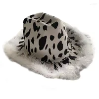 Berets Cow Print Cowgirl Hat with Feathers Women Bachelorette impreza Urodzinowe Czapki dla dorosłych Disco Dress Up X4YC