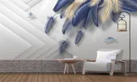 Пользовательские роскошные 3D Обои современные моды Light Light Luxury Painted Golden Blue Feather Threedimensy Silk Wallpaper 5828812