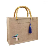 Bolsas de compras Mujer comprador de yute mano al estilo chino bambú tophandle eco reciclaje de reciclaje gran bolsa de playa pájaros parche