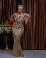 Aso Ebi Glitter Sequin Mermaid Prom Dreess Rose Gold Ruched One Shoulder 나이지리아 공식 이브닝 가운 아프리카 여성 긴 특별한 행사 Wear Sleeveless 2023