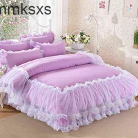 Bettwäsche im koreanischen Stil lila Spitzenbetten 4pcs Romantische Prinzessin Bettwäsche Baumwoll Bettdecke Bettrock Pillowcases Königin Kingsize 9 Jahre