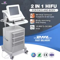 2 I 1 Portable HIFU Face Lift Body Slimming Andra skönhetsutrustning Högintensiv fokuserad ultraljudshud åtdragningsmaskin 5 huvuden två års garanti
