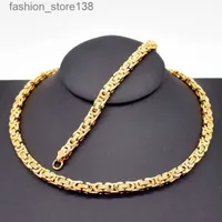 6 mm Breite Herren Gold Farbkette Edelstahl Halskette Armband Set flacher byzantinischer Modeschmuck