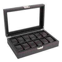Outad 12 emplacements en fibre de carbone Boîte bijoux de bijoux affichage dispositif de rangement rectangle en cuir noir case207p