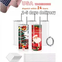 USA Warehouse Sublimation Tumblers Blank20 Oz White Straight Blanks Heat Press Mug Cup With Straw 16oz Sublimation Glass Cola can Bamboo Lid T1108