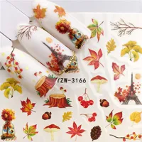 New Fall Leaves 할로윈 디자인 네일 아트 스티커 골드 노란 메이플 리프 워터 데칼 슬라이더 새끼 네일 매니큐어를위한 가을 디자인 308w