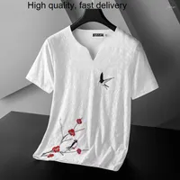Camisetas para hombres End lujo de lujo High Swallow bordado de hielo seda transpirable camiseta con cuello en V hombres 2023 verano suelto gran blanco manga corta