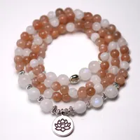 Bedelarmbanden 108 Mala Bead Natural Sunstone en Moonstone Yoga Louts Bracelet for Women Men Meditation Joodly 6mm