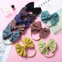 Knitted Cotton Bow Headband Baby Girls Hairbow Headwear Newborn Striped Solid Bowknot Turban with Nylon Nude Hairband Kids Child