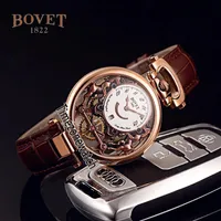 Bovet Swiss Quartz Mens Watch Amadeo Fleurier Rose Gold Skeleton White Dial Watches Brown Leather Strap Watches Cheap TimeZoneWatc292o