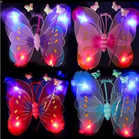 EMS 50 Sets LED Flash Glow Two Layers Fairy Wings set wing headband wand butterfly wing with light KTV Disco Kids Christmas Gift272w