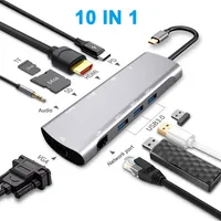 USB C Hub 10-i-1 Typ C-nav med Ethernet-port 4K USB-C till HDMI VGA 3 USB 3 0 Ports b￤rbara f￶r MAC Pro och annan typ C-b￤rbara datorer286K